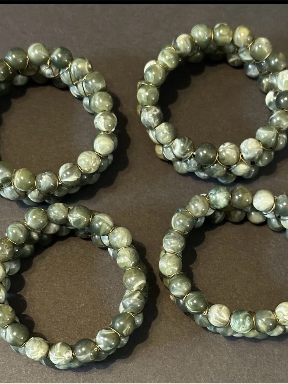 Coastal Sea Green Beads & Gold Wire Napkin Rings- Set of 4